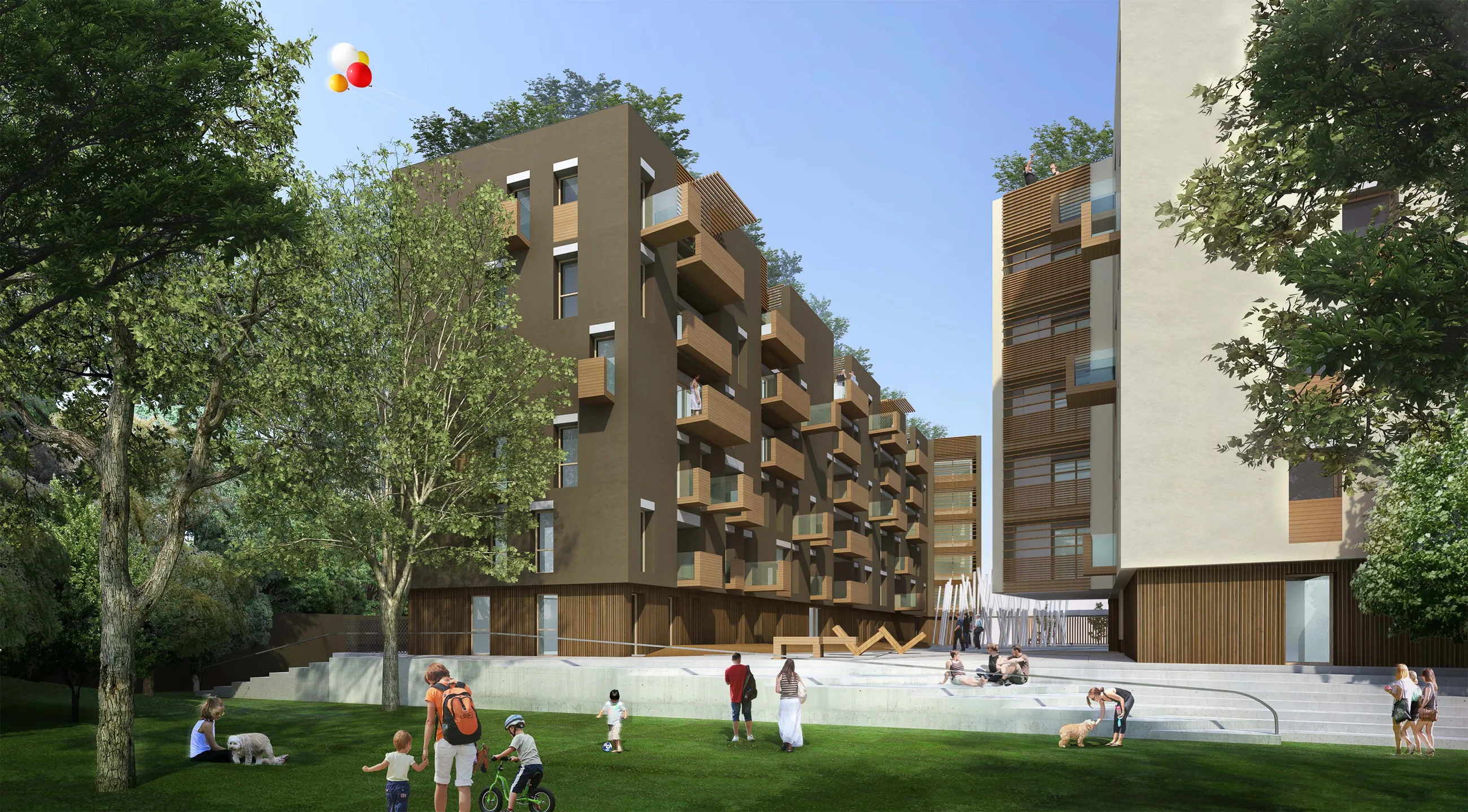 Abitare in Poste — Via Tirone — Rendering del complesso e del giardino