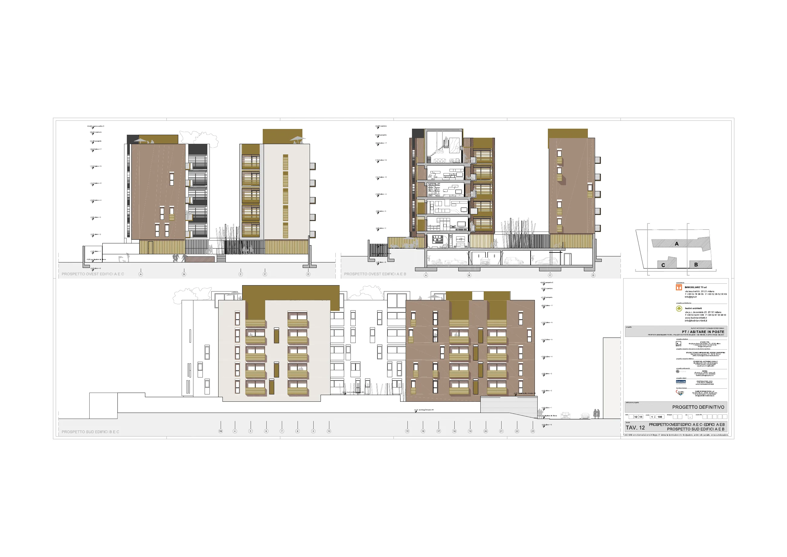 Abitare in Poste — Via Tirone — Prospetti ovest degli edifici e sezione