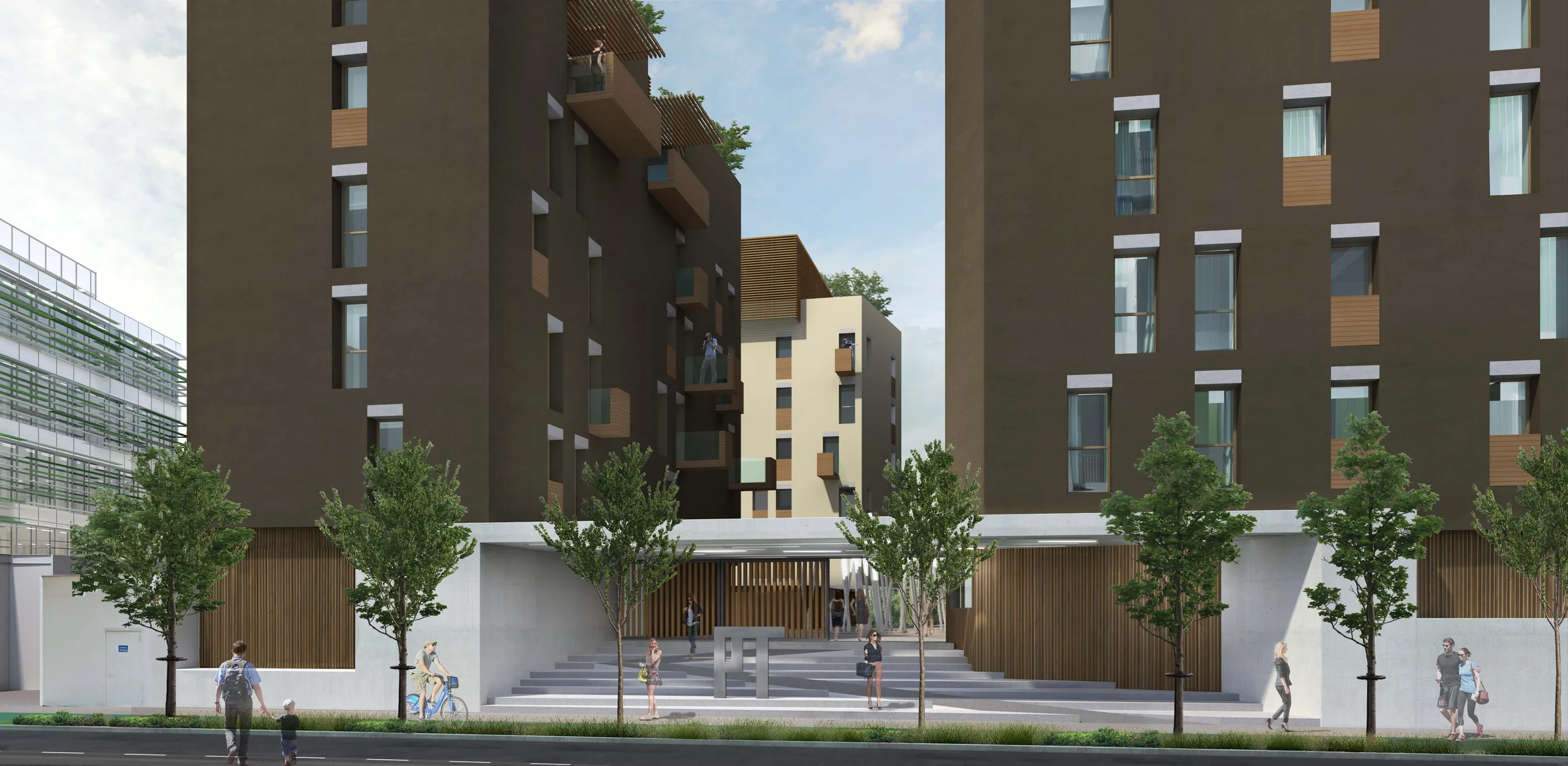 Abitare in Poste — Via Tirone — Rendering del percorso pedonale tra le residenze