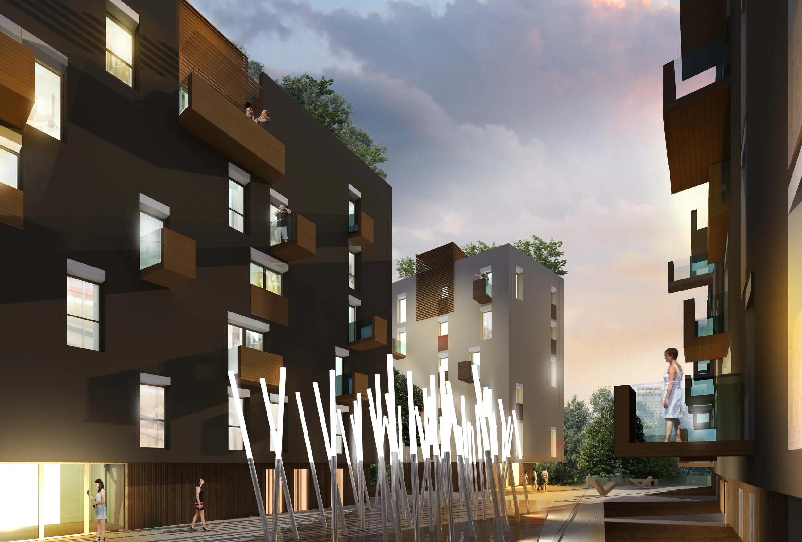 Abitare in Poste — Via Tirone — Rendering della corte residenziale al tramonto