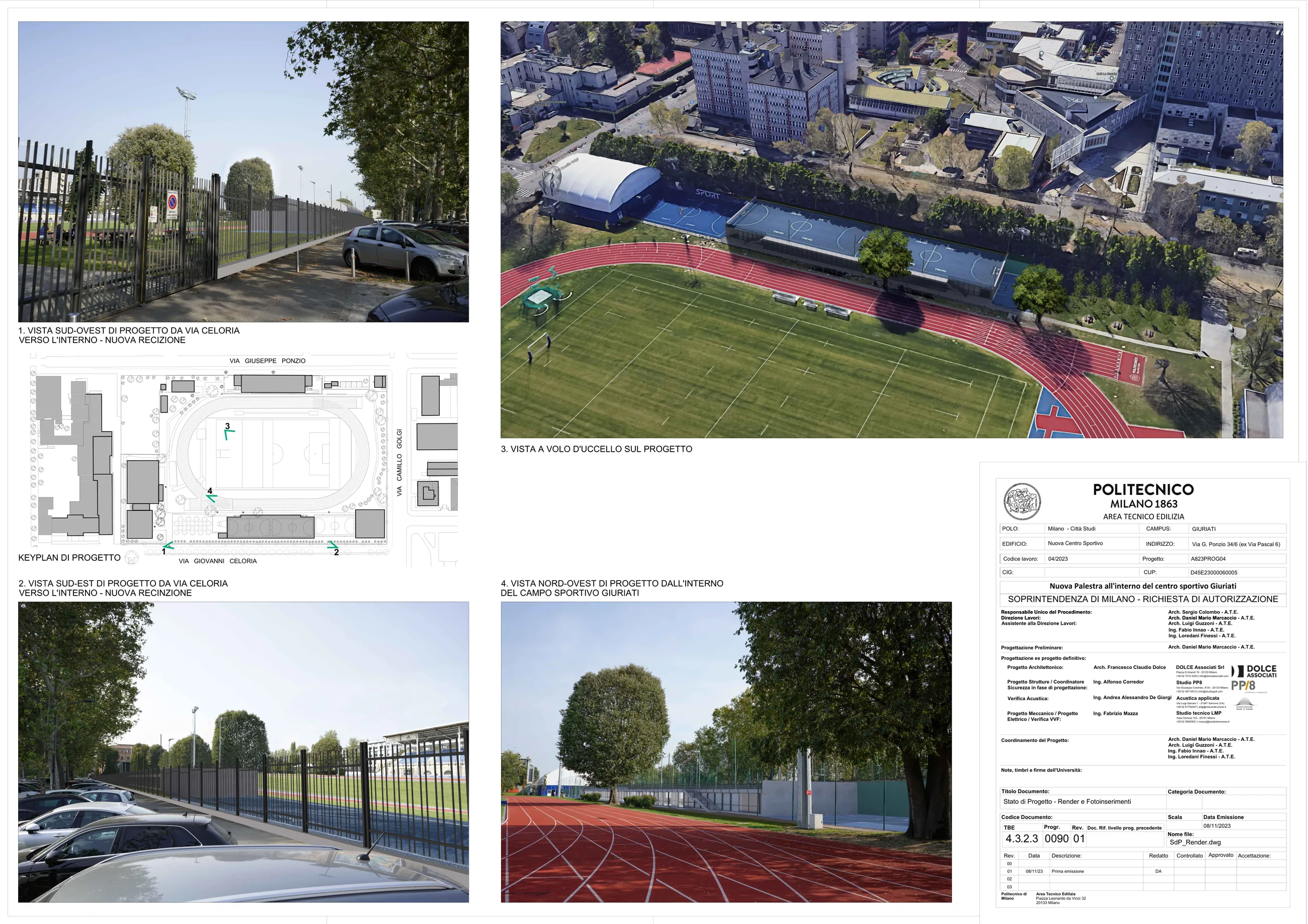 Campus Giuriati — tavola completa con render, fotoinserimenti e planimetria di progetto