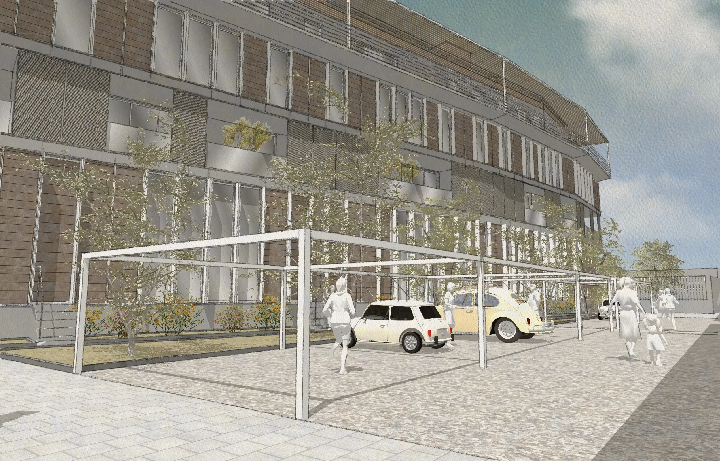 Recupero area industriale Via Maggi — Rendering del fronte e degli spazi esterni