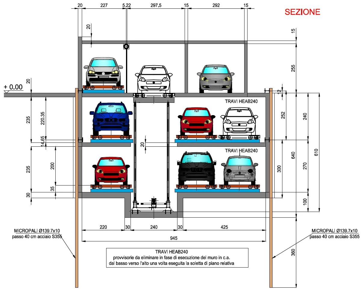 Recupero area industriale Via Maggi — Sezione del sistema di parcheggio su più livelli