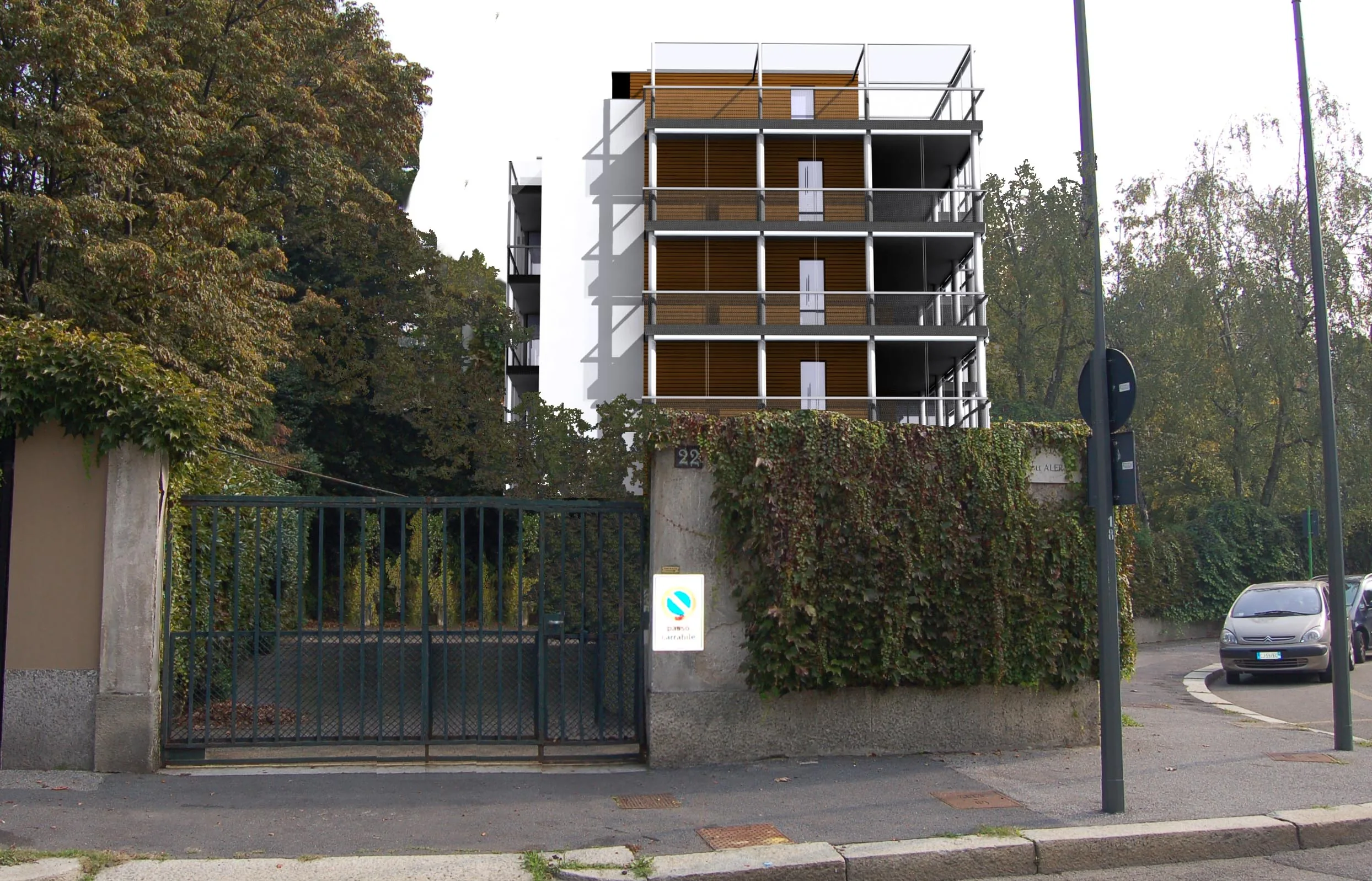 Fotoinserimento del fronte dell'edificio residenziale dalla strada