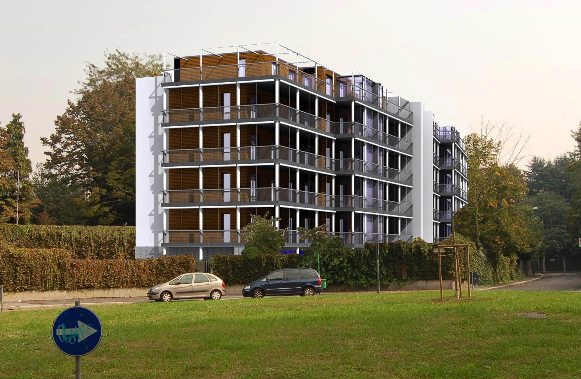 Fotoinserimento dell'edificio residenziale visto dall'area verde